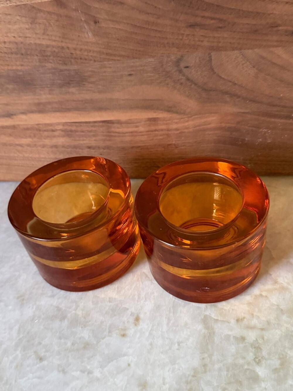 Vintage MCM orange glass tealight candle holders